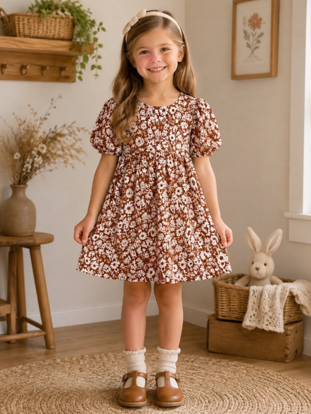 Rabbit + Bear Rusty Brown White Floral Print Organic Cotton Dress Girls 5 EUC